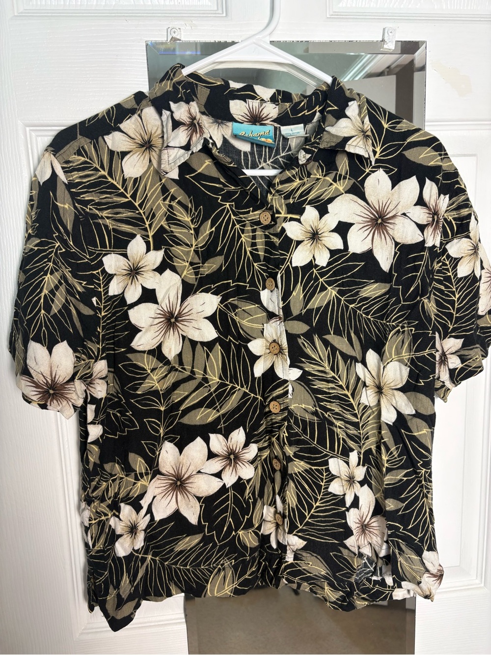 Women’s Bahama Beach Size L Tropical Floral Button Up Black & Cream